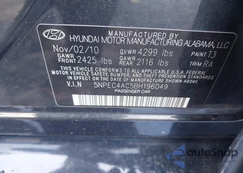 2011 Hyundai Sonata Se z USA, uszkodzony, nr VIN 5NPEC4AC5BH196049